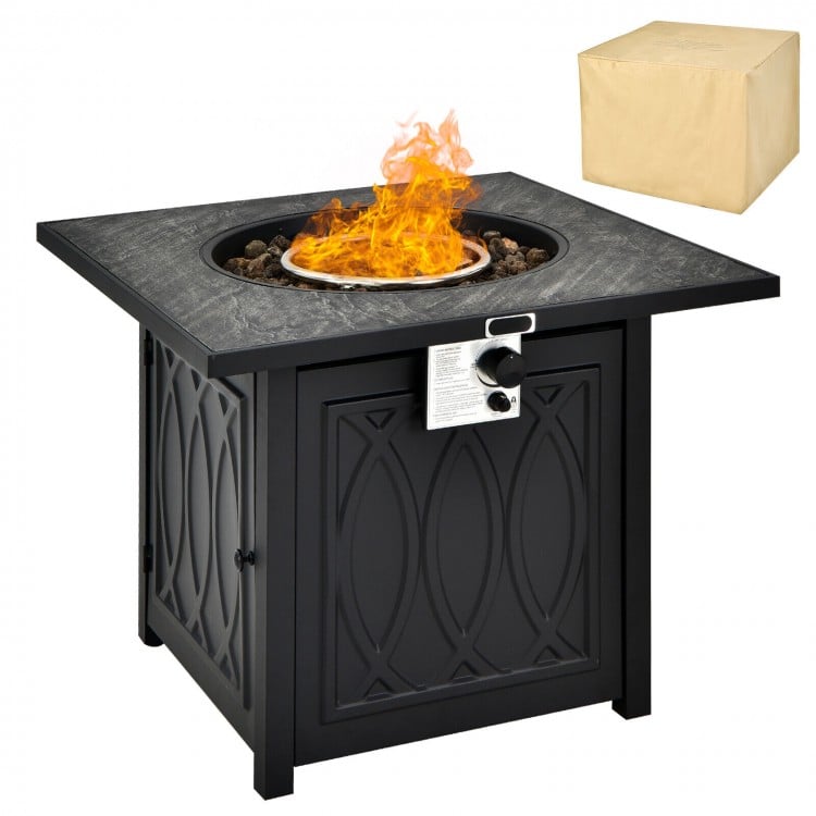 Square 32-inch propane fire pit table with lava rocks, black finish, ideal for outdoor patio and garden heating.