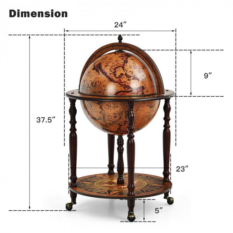 Globe wine cabinet with vintage pattern, solid wood legs, and wheels for easy movement, ideal for elegant home decor.
