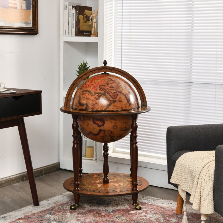 Globe wine cabinet with vintage pattern, sturdy MDF and wood legs, features wheels for easy movement, ideal for elegant.