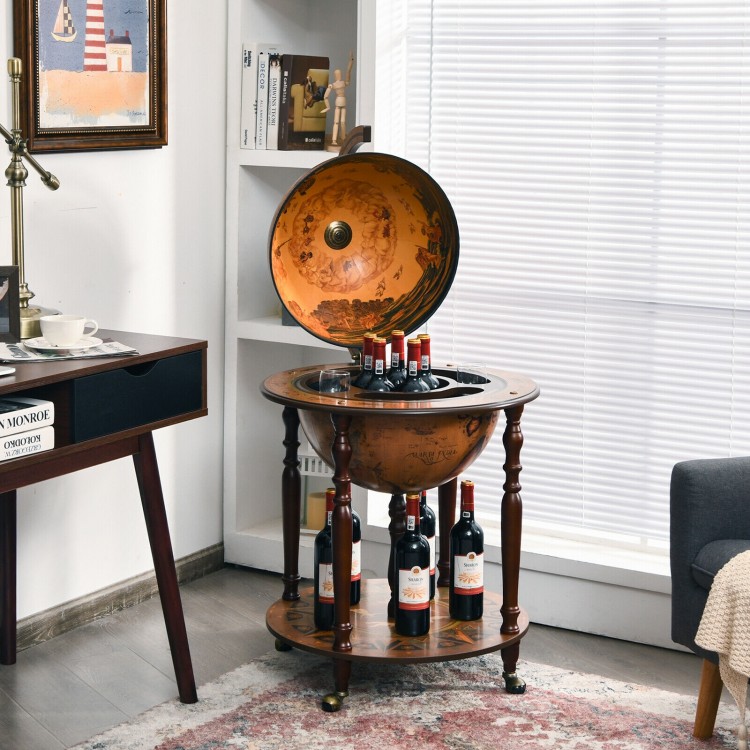 Globe wine cabinet with vintage pattern, solid wood legs, and wheels for easy movement, perfect for elegant home decor.