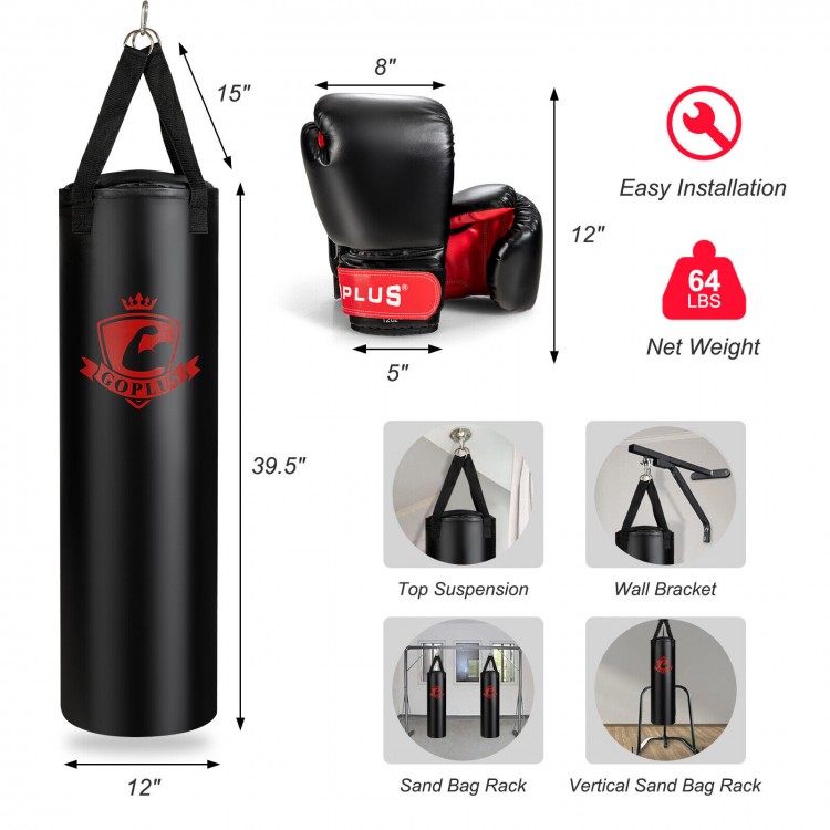 Filled punching bag set with boxing gloves, 63 lbs, featuring durable PVC leather and convenient zipper for adjustable.