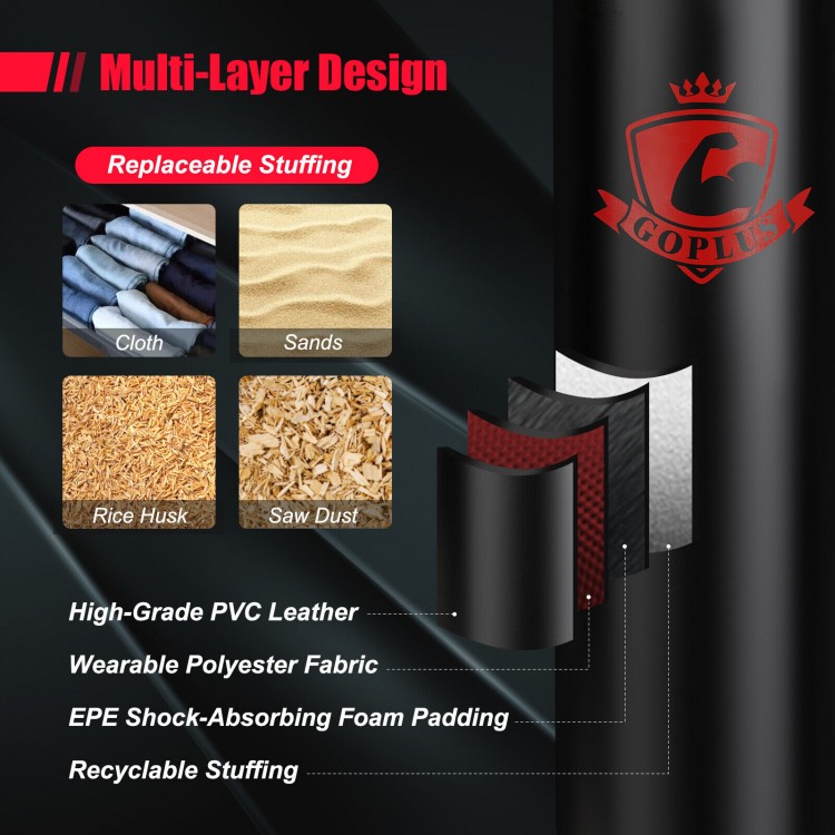 Filled punching bag set with replaceable stuffing options, durable PVC leather, ideal for indoor workouts and training.