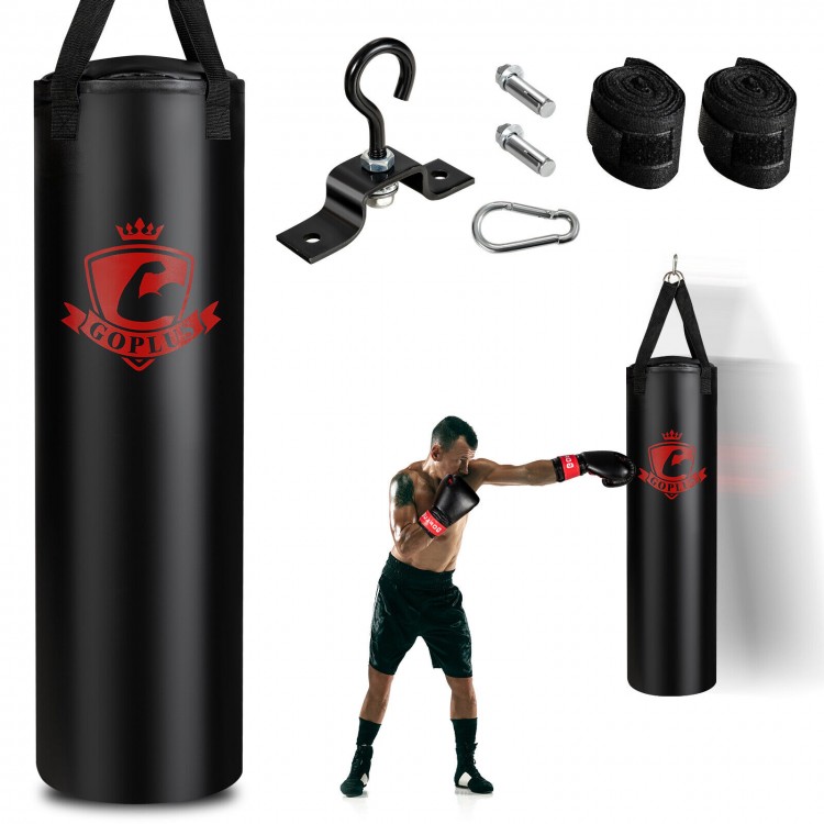 Filled punching bag set with boxing gloves, 63 lbs, durable PVC leather, ideal for indoor workouts and stress relief.