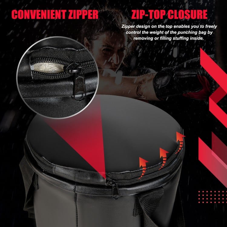 Close-up of the filled punching bag's zip-top closure, showcasing the durable PVC leather and convenient zipper design.