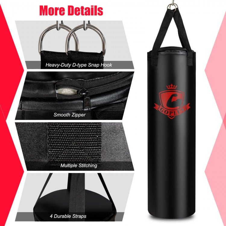Filled punching bag set with durable PVC leather, smooth zipper, and multiple stitching for effective indoor workouts.
