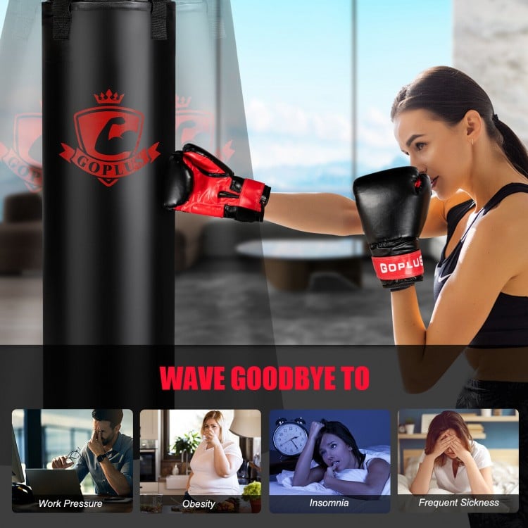 Filled punching bag set with boxing gloves, durable PVC leather, ideal for indoor workouts and stress relief.