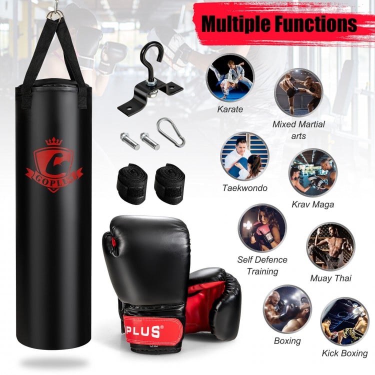Filled punching bag set with boxing gloves, durable PVC leather, ideal for indoor workouts and various martial arts.