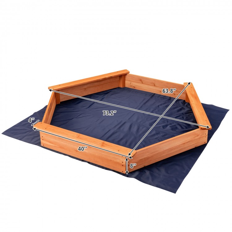Hexagon wooden cedar sand box with seat boards, measuring 63.8" x 40", ideal for outdoor play for kids over 3 years old.