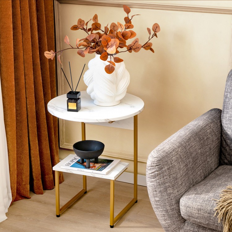 Round 2-tier end table with faux marble top and gold metal frame, ideal for small spaces and versatile use.