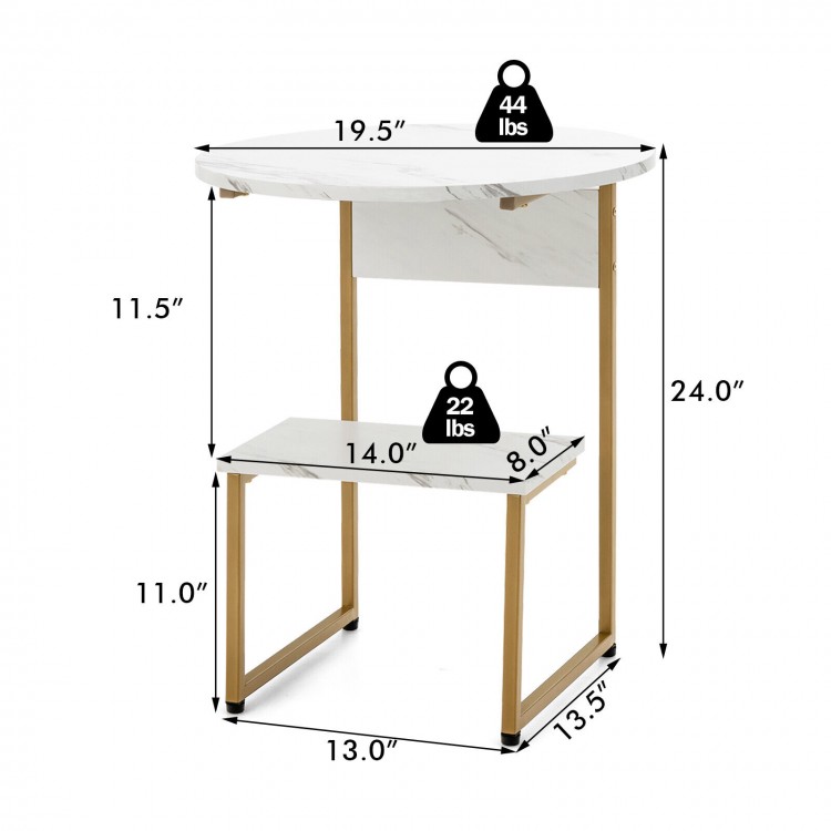 2-tier round end table with faux marble top and gold metal frame, ideal for small spaces and versatile use as a.