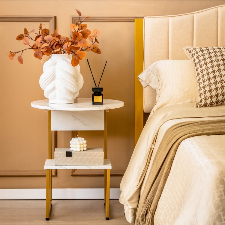 2-tier round end table with faux marble top and gold metal frame, perfect as a nightstand or side table for small.