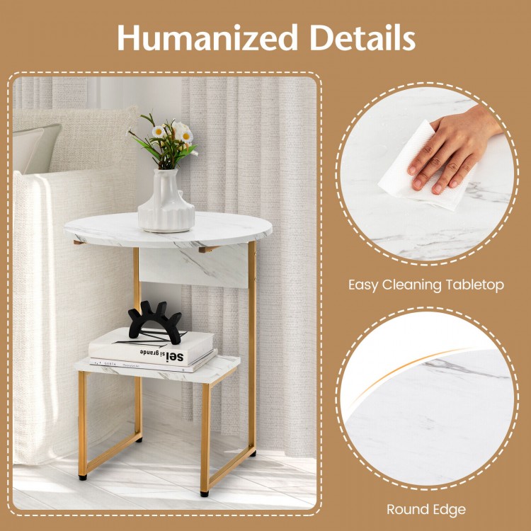 2-tier round end table with faux marble top and gold metal frame, ideal as a nightstand or coffee table for small.