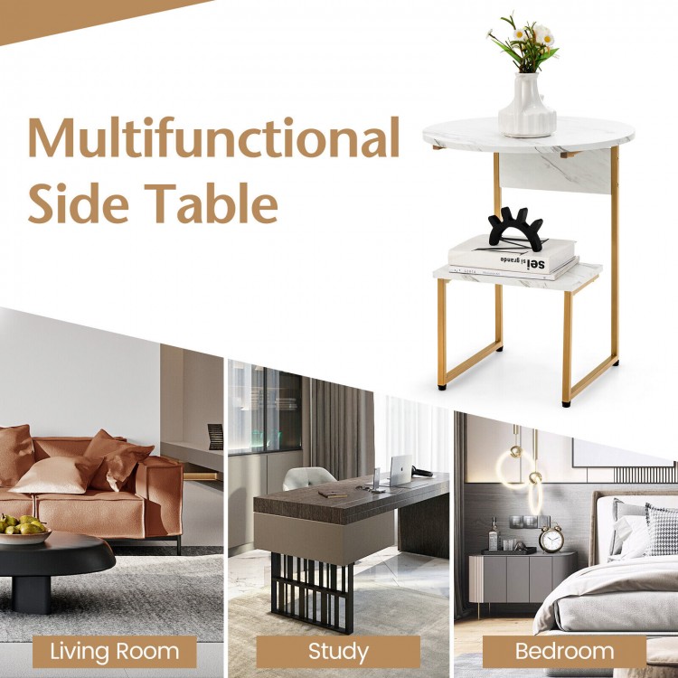 Round 2-tier side table with faux marble top and gold metal frame, perfect for small spaces in living room or bedroom.