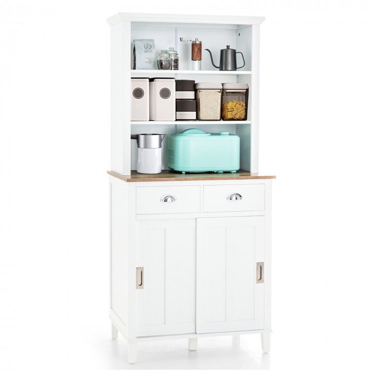 Freestanding white kitchen pantry with hutch, sliding doors, and two drawers for organized storage and modern design.