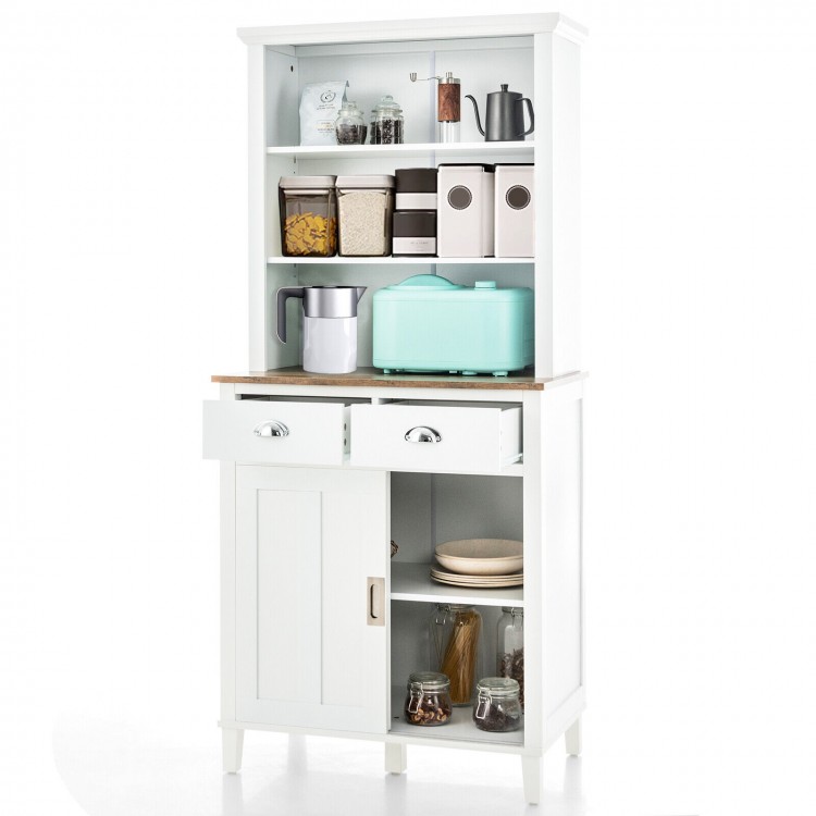 Freestanding white kitchen pantry with hutch, sliding doors, two drawers, and adjustable shelves for versatile storage.