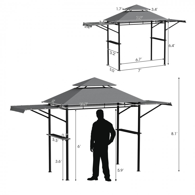 Patio BBQ grill gazebo canopy with dual side awnings, 13.5 x 4 ft, gray, ideal for outdoor cooking and gatherings.