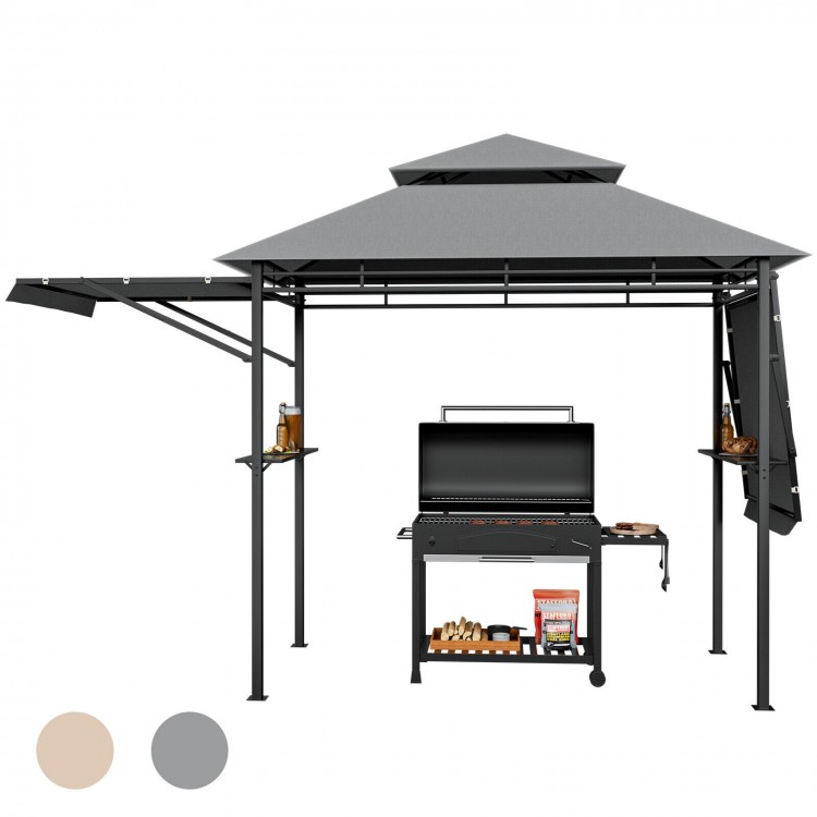 Patio BBQ grill gazebo with gray canopy, dual side awnings, and sturdy steel frame for outdoor cooking and.