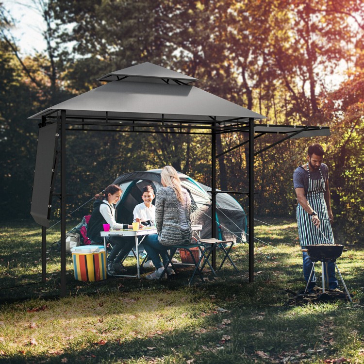Patio BBQ grill gazebo with dual side awnings, gray canopy, spacious design for outdoor cooking and gatherings.