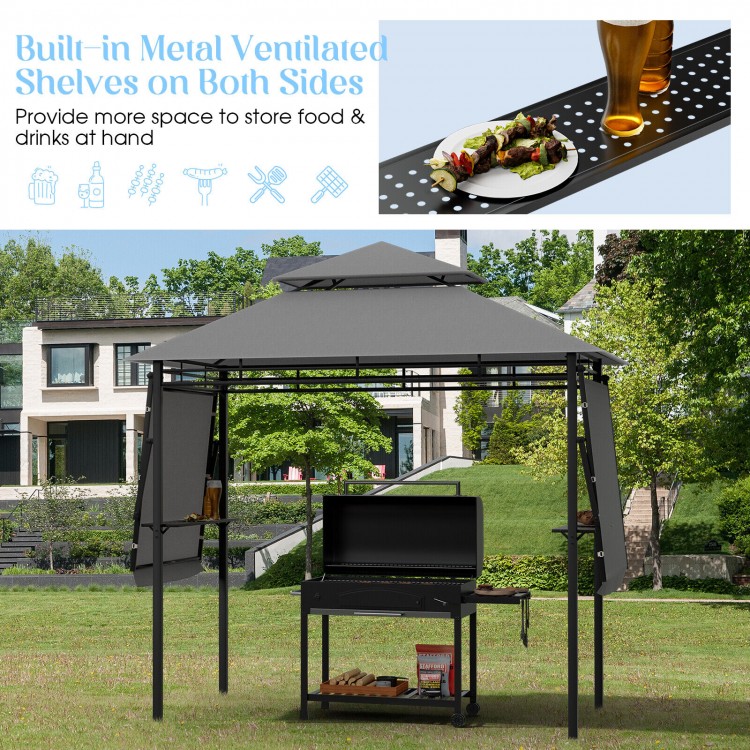 Patio BBQ grill gazebo with dual side awnings, 13.5 x 4 ft, featuring built-in shelves for food and drinks.
