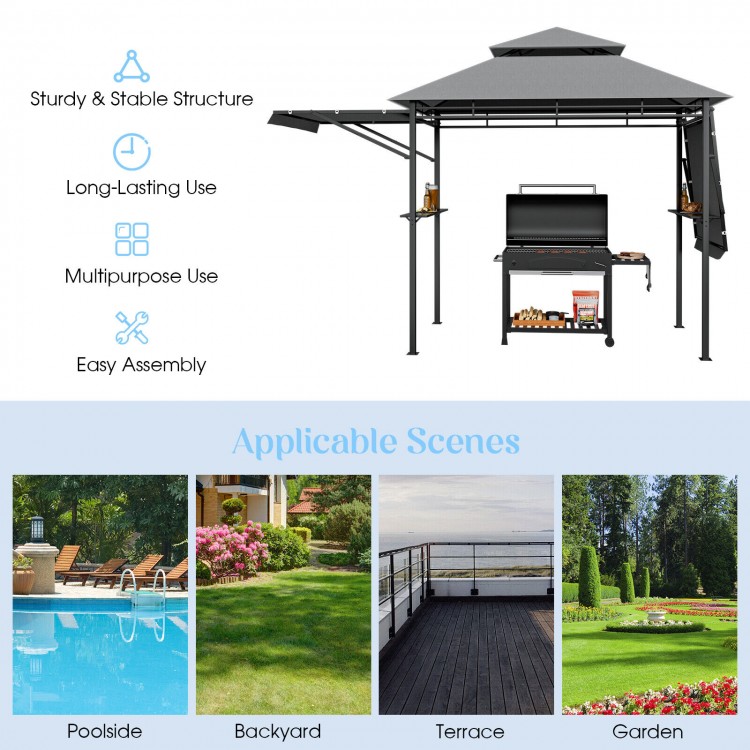 Patio BBQ grill gazebo with dual side awnings, 13.5 x 4 ft, sturdy steel frame for outdoor cooking and shade.