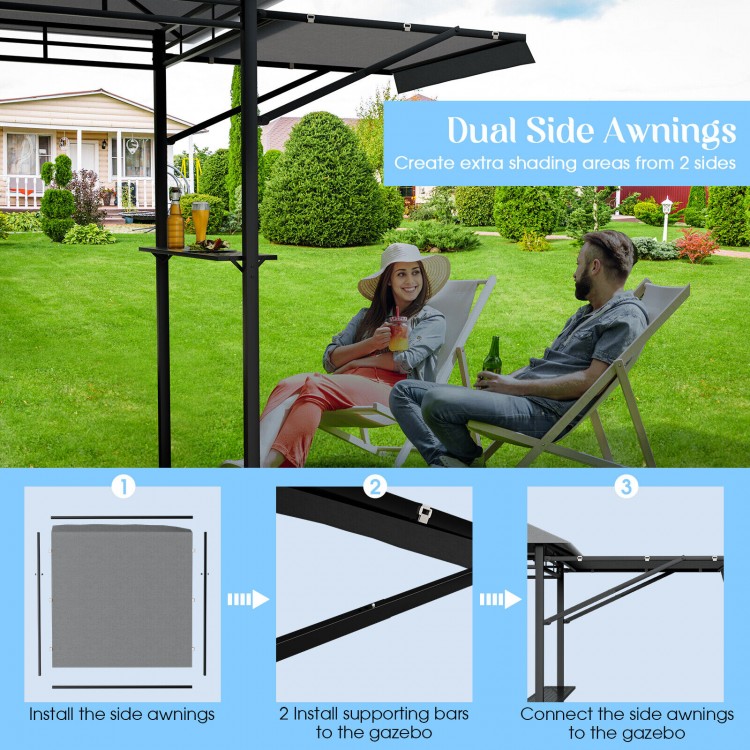 Patio BBQ grill gazebo with dual side awnings in gray, featuring a spacious design for outdoor cooking and ventilation.