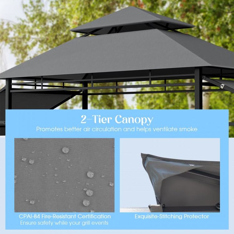 Gray 13.5 x 4 ft patio BBQ grill gazebo with dual side awnings and 2-tier canopy for enhanced ventilation and shade.