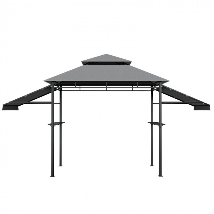 Patio BBQ grill gazebo canopy with dual side awnings in gray, featuring a sturdy steel frame for outdoor cooking.