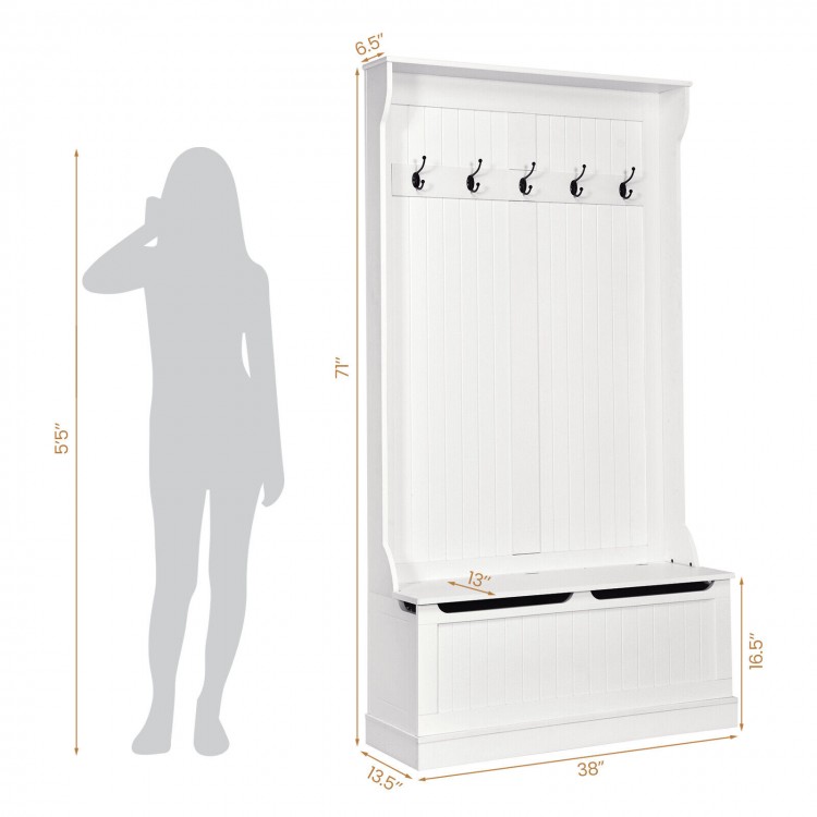 3-in-1 white entryway hall tree with coat rack, shoe bench, and bottom storage, featuring 5 hooks and anti-tipping.
