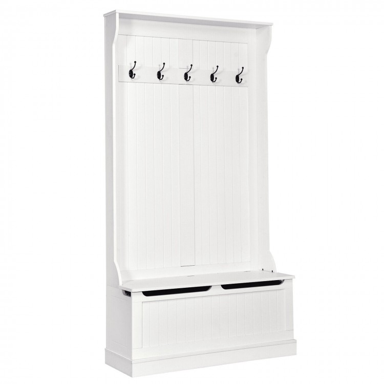 White 3-in-1 entryway hall tree featuring a coat rack, shoe bench, and storage with five hooks for organized entryway.
