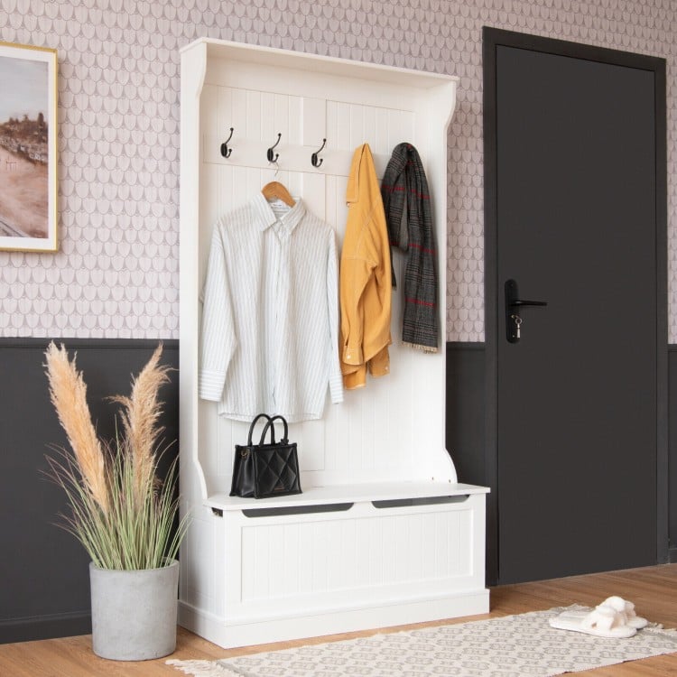 3-in-1 entryway hall tree in white featuring a shoe bench, coat rack with hooks, and bottom storage for organized.