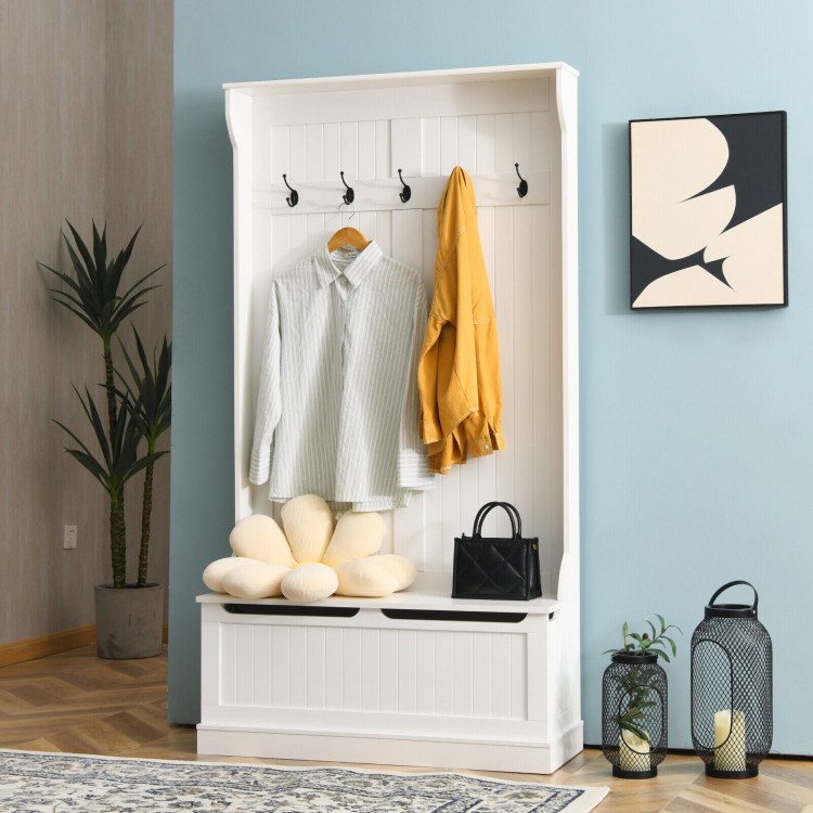 3-in-1 entryway hall tree in white featuring a shoe bench, coat rack with hooks, and bottom storage for organized space.
