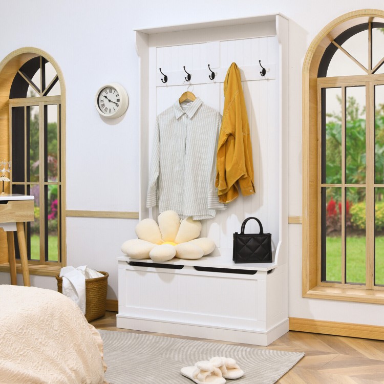 White shoe bench with cut-out handle and storage lid, featuring anti-tipping design for safe entryway organization.