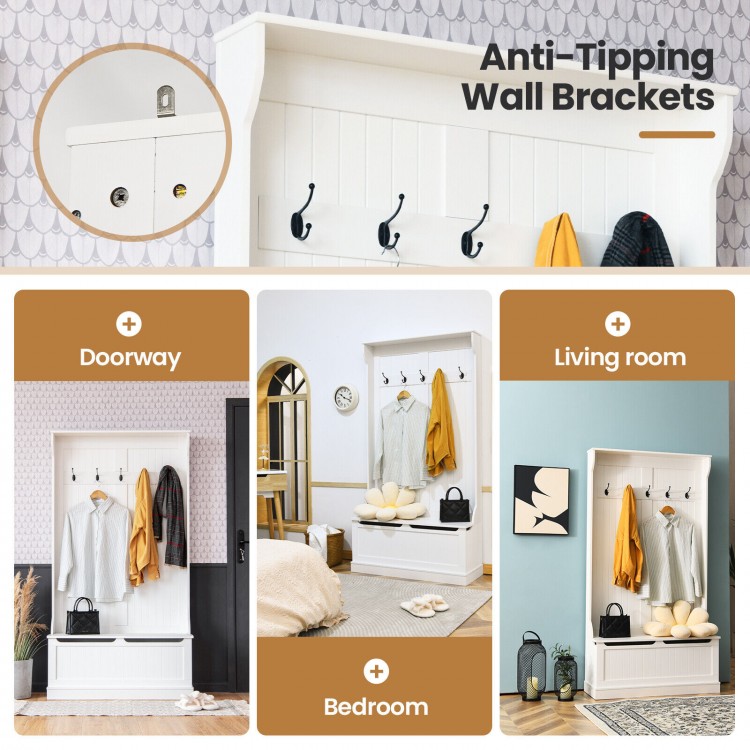 3-in-1 entryway hall tree in white featuring coat racks, shoe bench, and storage cabinet with anti-tipping safety.