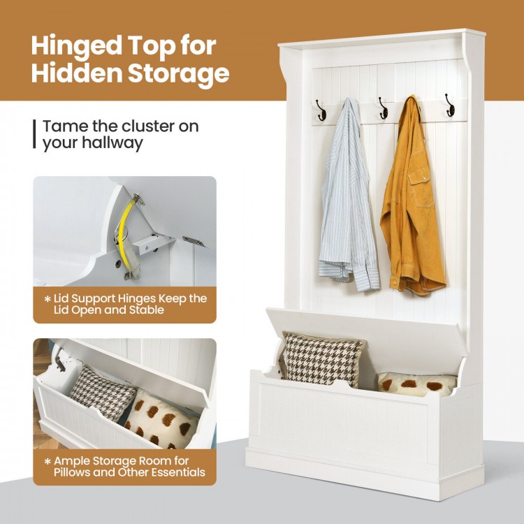 3-in-1 entryway hall tree in white featuring a coat rack, shoe bench, and hidden storage for organized hallway use.