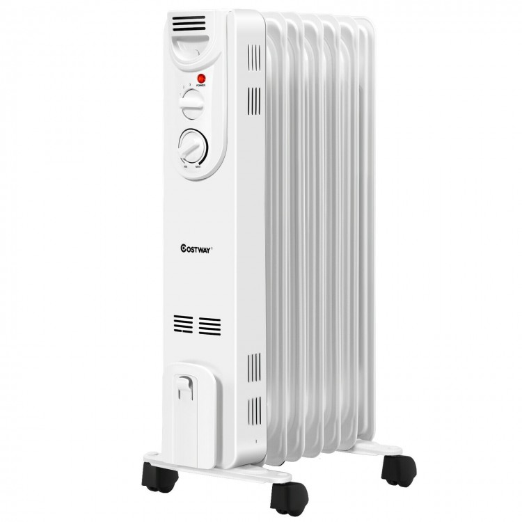 Electric space heater with 3 heat settings, oil-sealed design, and safety features, perfect for comfortable indoor.