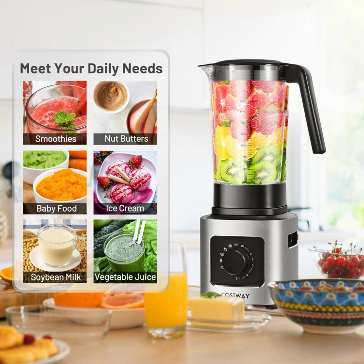 Countertop smoothie blender with a 68 oz BPA-free Tritan jar, 1500W motor, and 5 blending functions for versatile use.