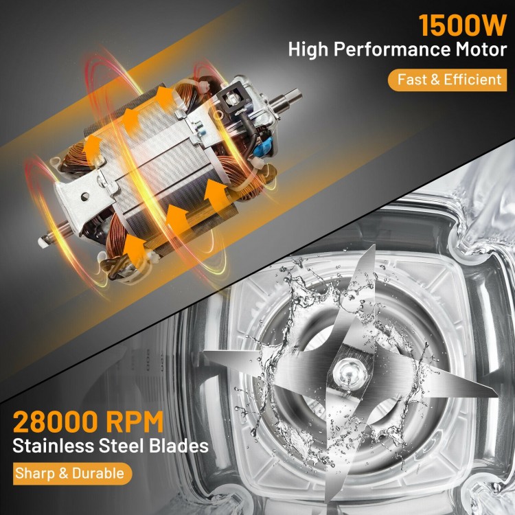 Close-up of the 1500W motor and stainless steel blades of the 5-speed countertop smoothie blender for efficient.