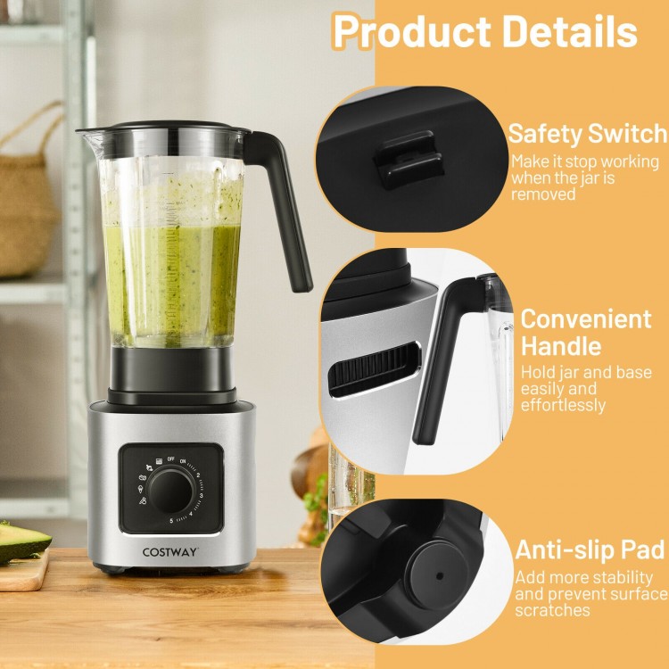 Side view of the 1500W countertop smoothie blender showcasing its convenient handle and anti-slip foot pads for.