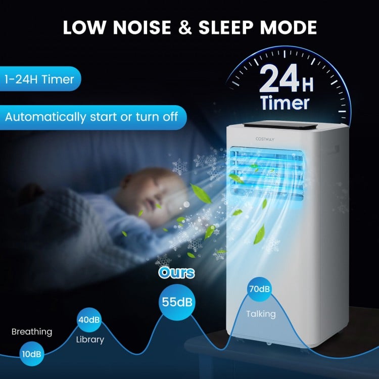 10000 BTU portable air conditioner with sleep mode, remote control, and 1-24H timer for customized cooling comfort.