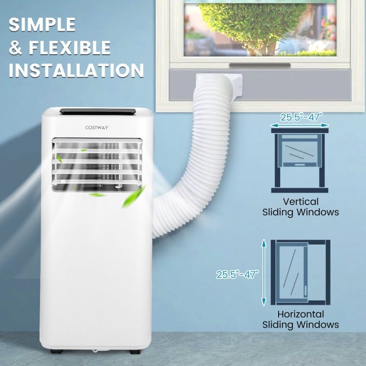 Portable 10000 BTU air conditioner with exhaust hose, designed for easy installation in vertical and horizontal windows.