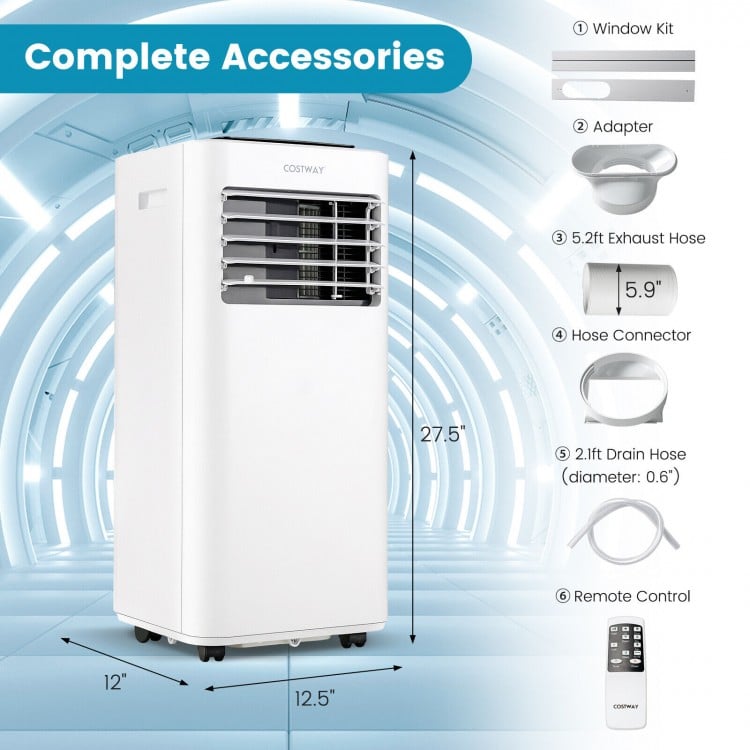 10000 BTU portable air conditioner with remote control, exhaust hose, and window kit for efficient cooling and.