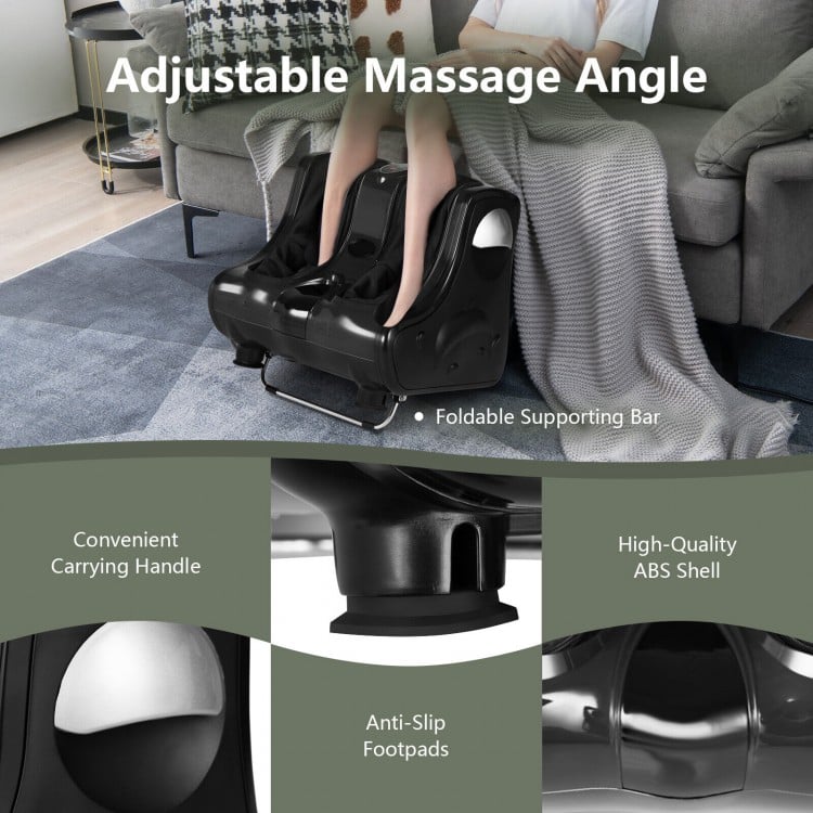 Foot and calf massager in black with adjustable angle, heat, vibration, and anti-slip footpads for comfort and safety.