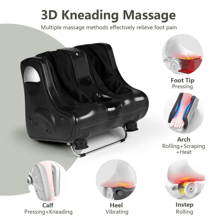 Foot and calf massager in black with heat and vibration features, designed for deep kneading and stress relief.