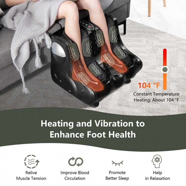 Foot and calf massager in black with heat and vibration features, designed for relaxation and improved circulation.