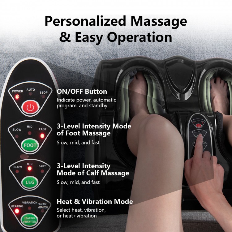 Foot and calf massager in black with heat and vibration features, designed for personalized deep kneading and shiatsu.