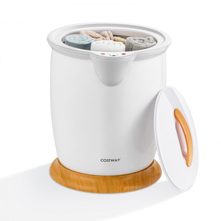 Bathroom towel warmer bucket in white with bamboo base, featuring fragrance holder and auto shut-off for safety.