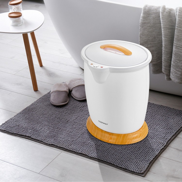 Bathroom towel warmer bucket in white with bamboo base, ideal for warming towels and pajamas, featuring auto shut-off.