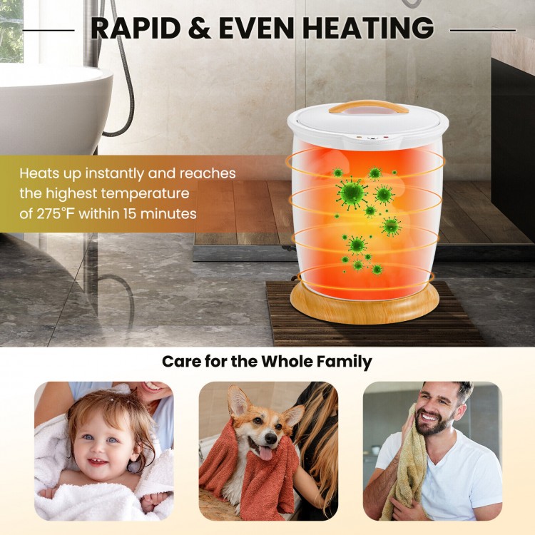 Bathroom towel warmer bucket in white, heats to 275°F in 15 minutes, ideal for towels and pajamas, with fragrance.