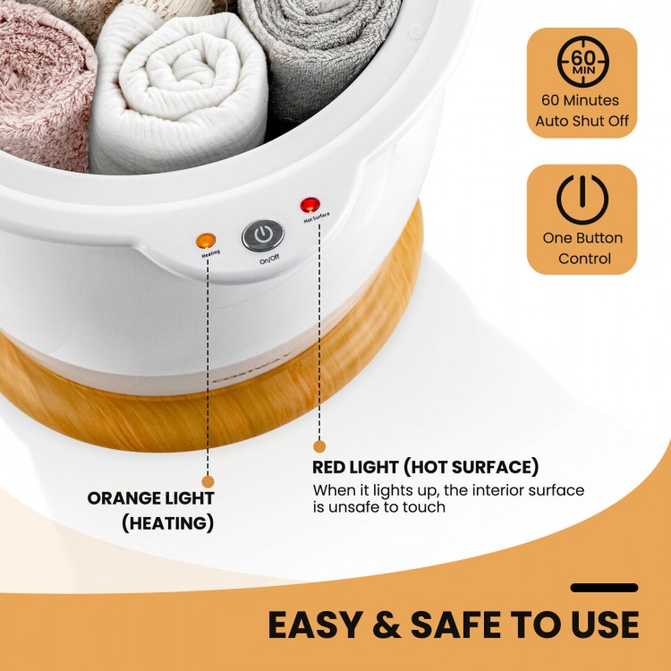 Bathroom towel warmer bucket with fragrance holder, auto shut-off, and one-button control for easy operation.