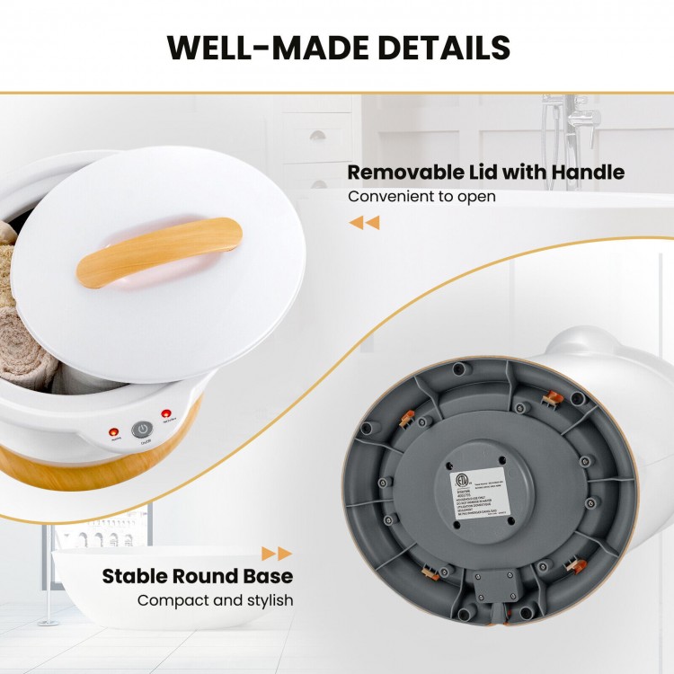 Removable lid with handle and stable round base of the white bathroom towel warmer bucket for easy use and portability.